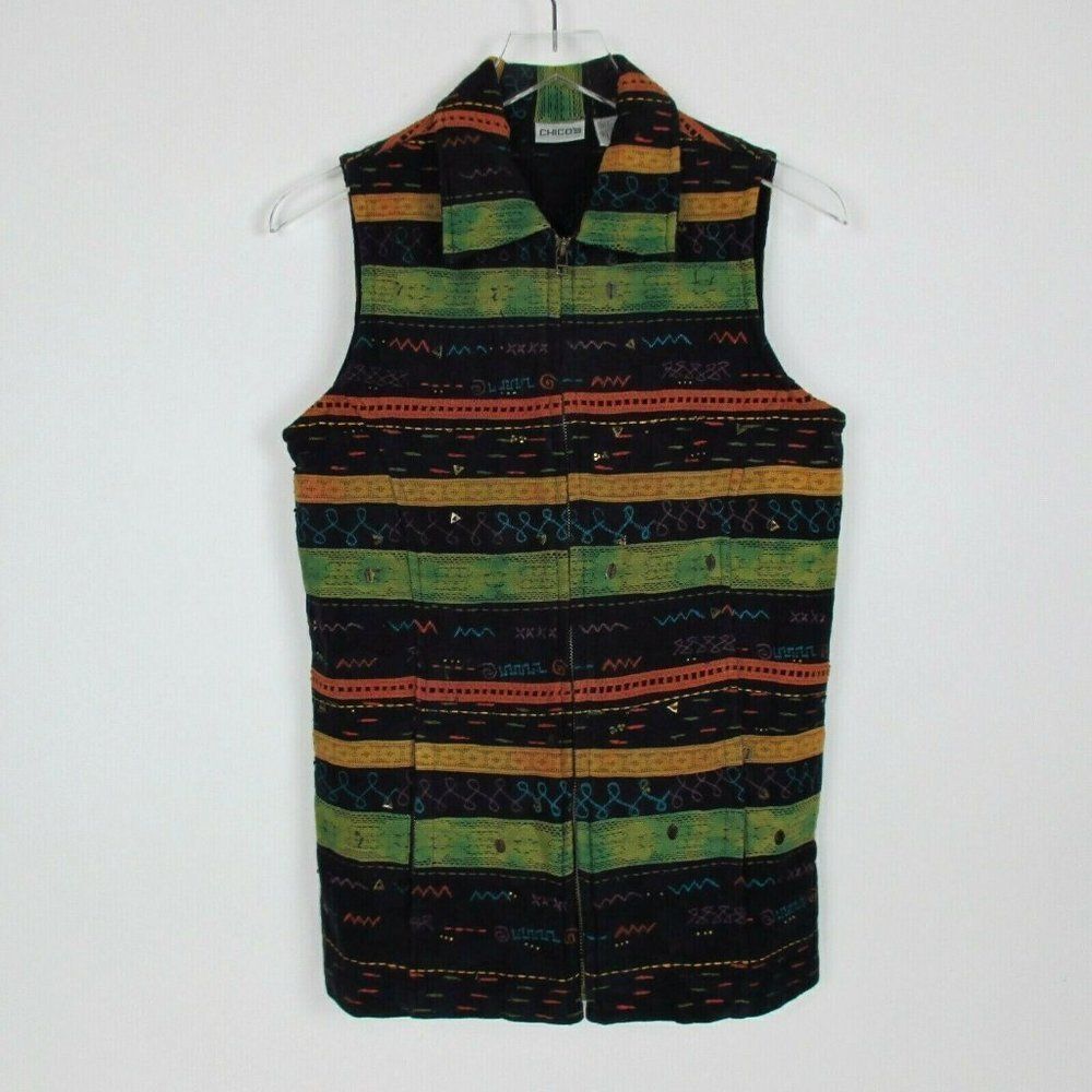Chicos Black Sleeveless Embroidered Zipper Vest
